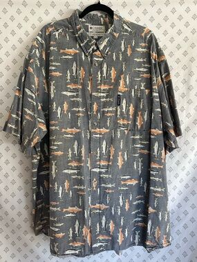 Columbia Men's Gray Fish-Print Short-Sleeve Button-Up Shirt 4X Cotton